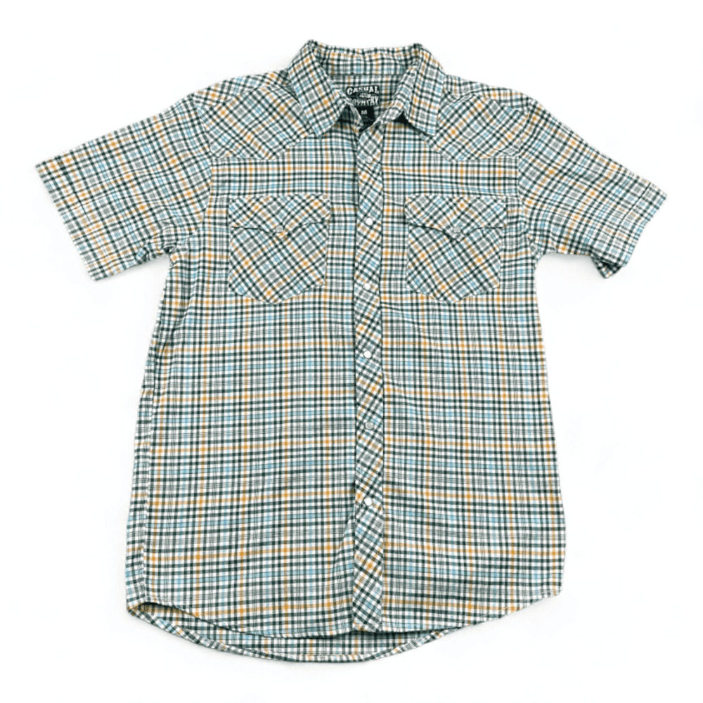 Western Shirt Adult MEDIUM Green White Plaid Casual Country Cowboy Pearl Snap